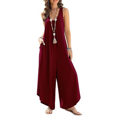 Women Summer Jumpsuit Loose Sleeveless Solid Color Wide Leg V Neck Pockets Deep Crotch Soft Irregular Hem Ankle Length Vacation Long Jumpsuit