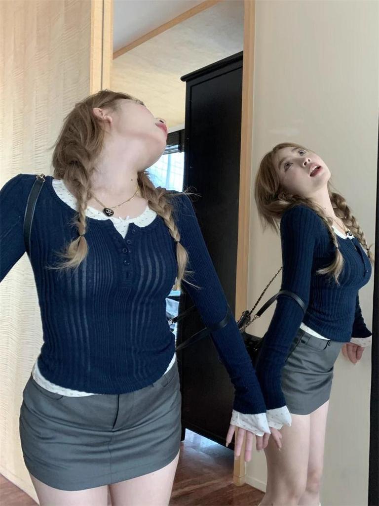 Women's Korean Style Slim-Fit Ribbed T-Shirt: Spicy Girl Half-Open Collar, Long-Sleeved, Autumn/Winter