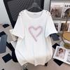 Women Plus Size Mid-Length Short Sleeve T-Shirt Round Neck Heart Rhinestone Decor Loose Casual Summer Tops