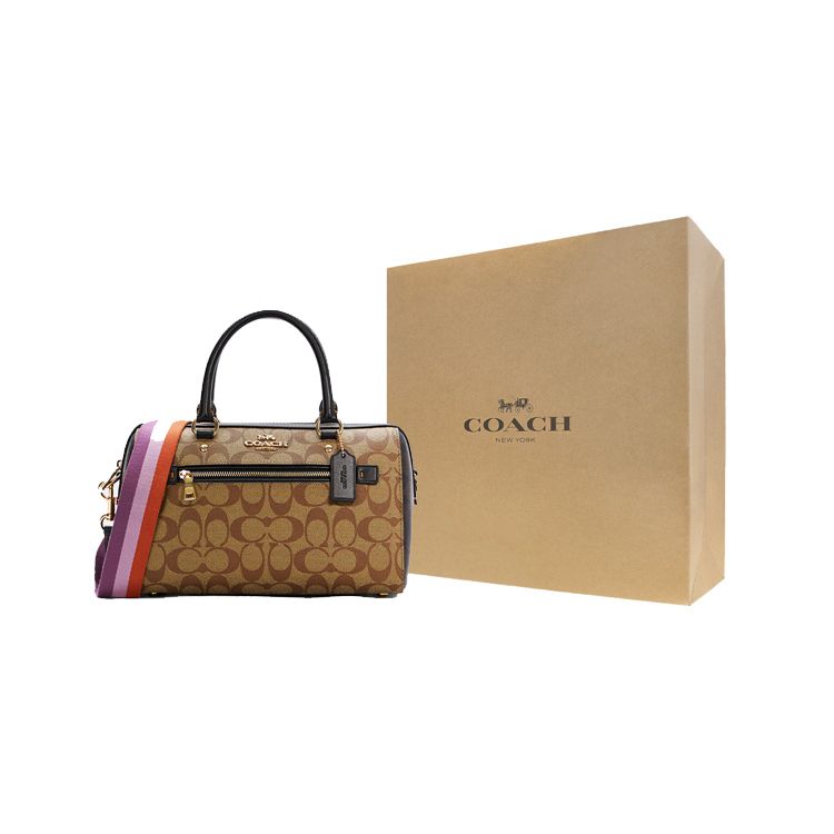 Coach Rowan 27 Classic Monogram Colorful Strap Canvas And Leather Boston Bag Women shoulder bag Brown C7240-IMNOX