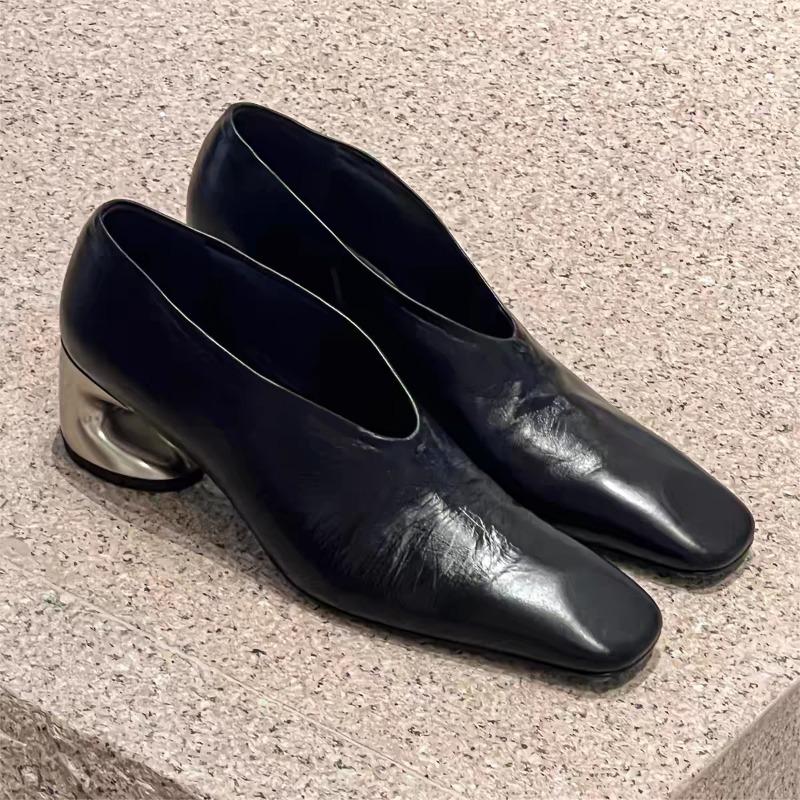 Persönlichkeit Spezialgeformter Absatz Einzelne Schuhe Herbst Neu Eckige Zehenpartie Tiefer Ausschnitt Slipper Rutschfest Abriebfest Kitten Heel Schuhe