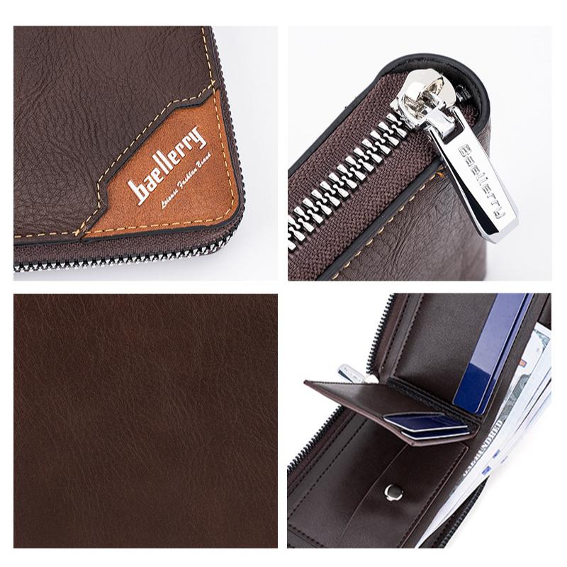 Baellerry Men's Color-blocking RFID Short Wallet Vintage Fashion Billfold Patchwork Horizontal Card Holder Zipper Coin Purse