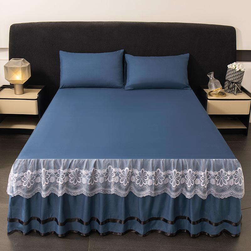 Brushed Double-Layer Solid Color Elastic Lace Ruffle Bed Skirt Full-Size Mattress Cover