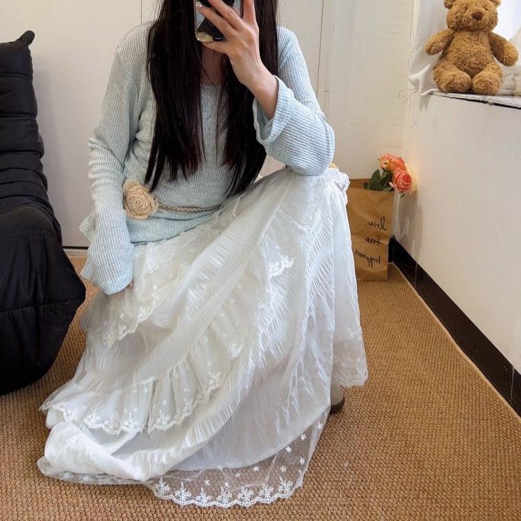 White Lace High-Waist Slimming Long Skirt for Women - Spring/Summer/Autumn