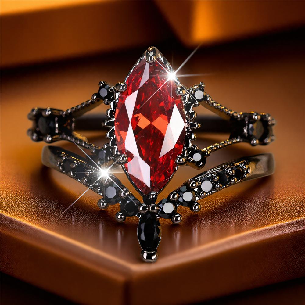 Female Red Zircon Stone Engagement Ring Set Vintage Black Gold Color Bridal Wedding Bands Party Jewelry For Women