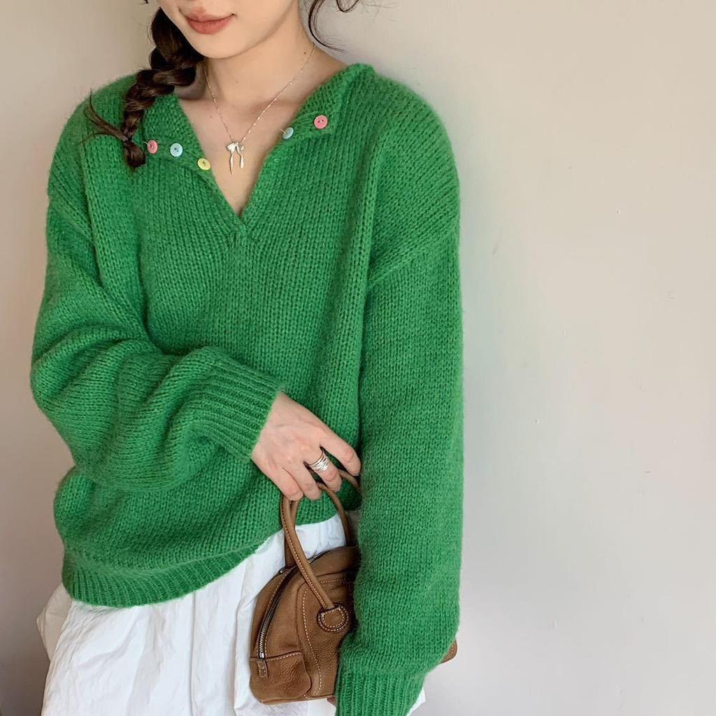 Candy-Colored Lapel Buttoned Knit Top - Women's Slimming Autumn/Winter Sweater with Niche Design