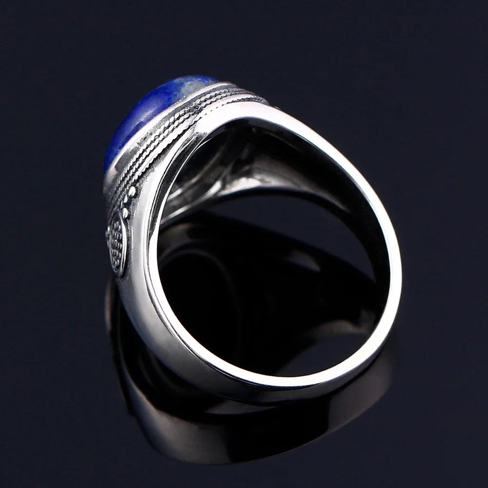Silver S925 Ring Natural Big Oval Lapis Rings for Men Women Retro Luxury Fine Jewelry Party Anniversary Gift