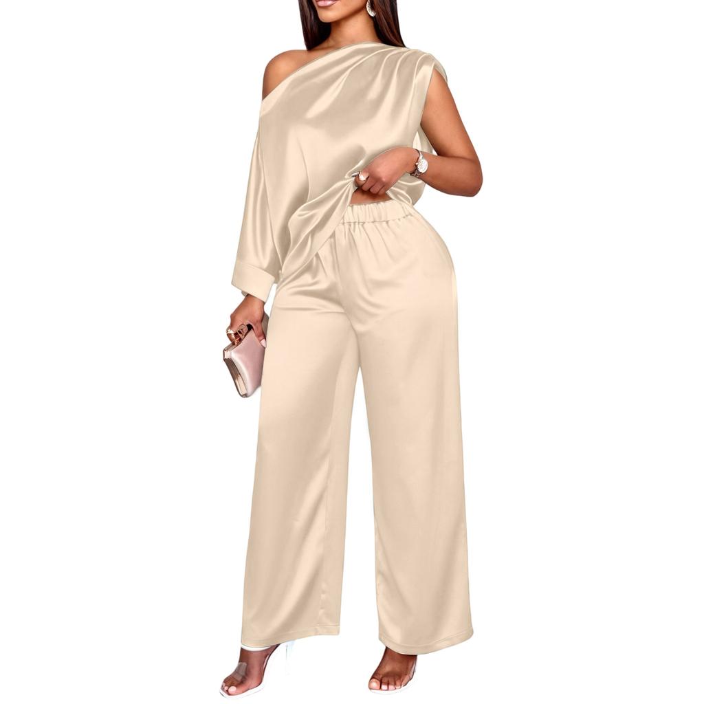 Women's Fashionable Casual Color Satin Asymmetrical Neck Top And Casual Pants Two,Piece Set