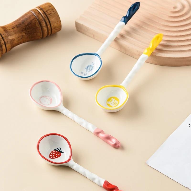 4pcs Ceramic Spoon, Extended Handle Soup Spoon, Noodle Spoon, Cartoon Creative Ladle