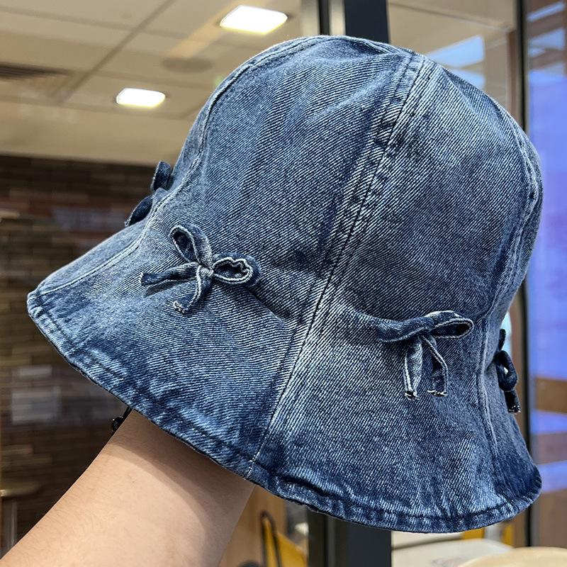 Pălărie de pescar din denim cu fundă dulce și versatilă, pălărie casual de primăvară și toamnă, pălărie bucket mică pentru față de damă, pălărie tip bazin, la modă