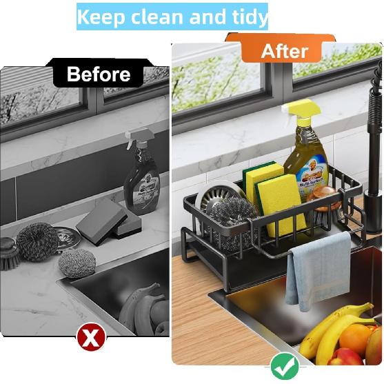 Sponge Holder for Kitchen Sink, Kitchen Sink Caddy Rustproof 304 Stainless Steel Dish Sponge Organizer with Detachable Dishcloth Rack Bathroom
