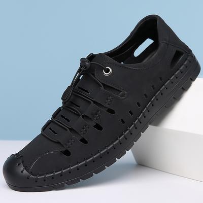 Fashion Big Size Casual Hallow Leather Sandals for Men 2025 Summer New Designer Solid Color Elastic Band Breathable Shoes Man