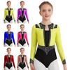 Dívčí gymnastický dres s dlouhým rukávem, klíčovou dírkou na zádech, lesklými kamínky, krasobruslařské taneční oblečení
