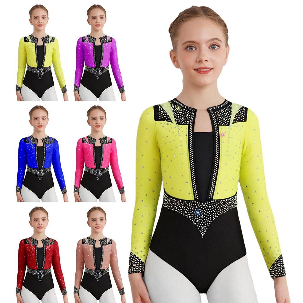 Jenter Dansebody - Rhinestone Leotard Langermet Nøkkelhullrygg for Kunstløp & Opptreden