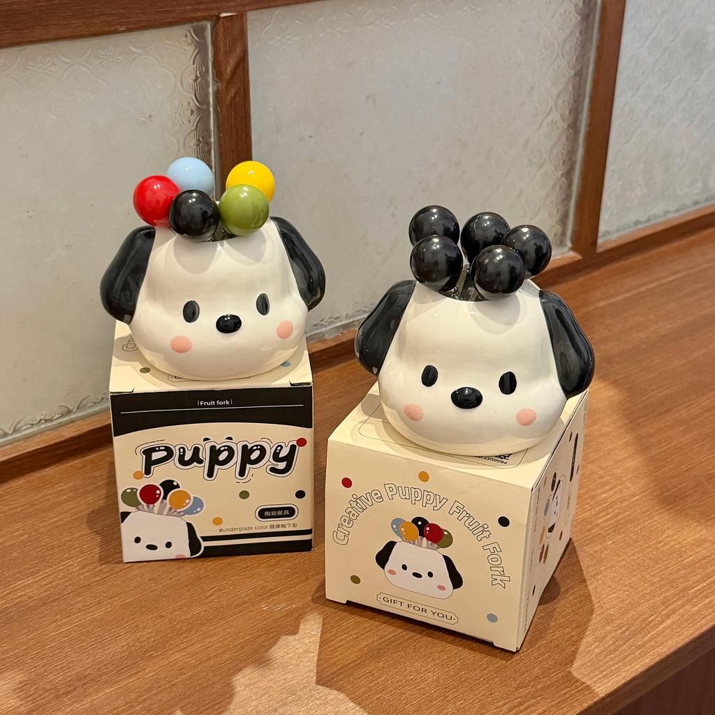 Cute Puppy Fruit Fork Set Household Stainless Steel Dessert Small Fork Storage Jar Living Room Fruit Tea Children's Fruit Stick