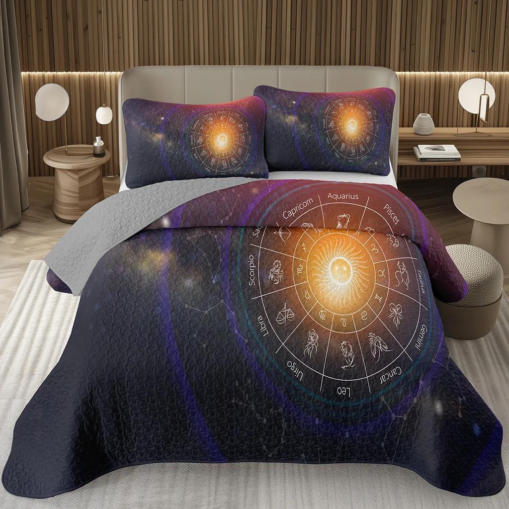 Starry Sky Galaxy Quilt Set 2/3 Pieces, Geometric Lines Bedspread Set,12 Constellations Astrology Zodiac Coverlet Set Twin King