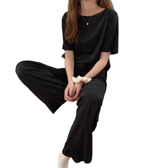Casual Ice Silk Pajama Set with Round Neck T-shirt and Wide Leg Trousers