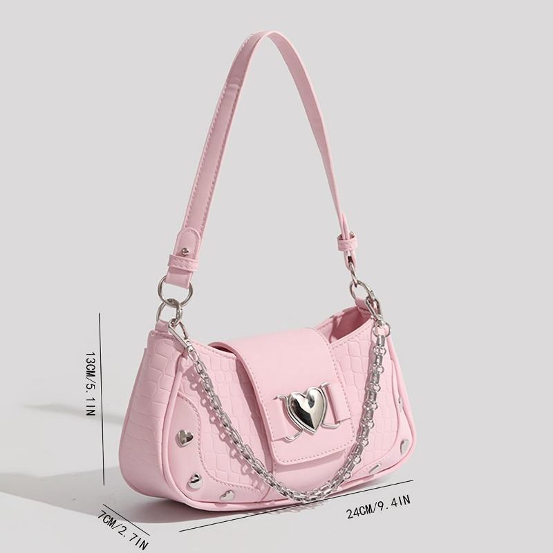Fashiable Y2K Hot Girl Handbag, Motorcycle Style Solid Color Women's Bag, Commuting Heart Chain Shoulder Armpit Bags
