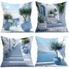4pcs Blue And White Santorini Theme Cushions Pillowcase Polyester Cushion Cover Throw Pillow Pillowcover Home Car Sofa Decor