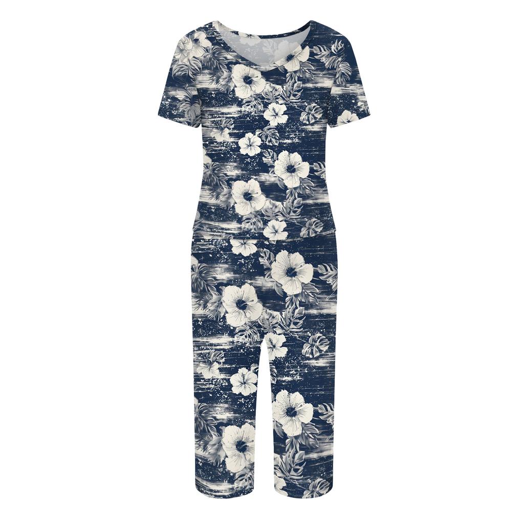 Women Two Piece Set Hawaiian Print Sportswear Short Sleeve V Neck Top Casual Capri Pants Lounge Wear Set