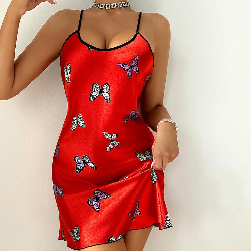 Halter Nightgown Simulation Silk Fashion Casual Butterfly Halter Skirt Women's Pajamas Backless Nightwear