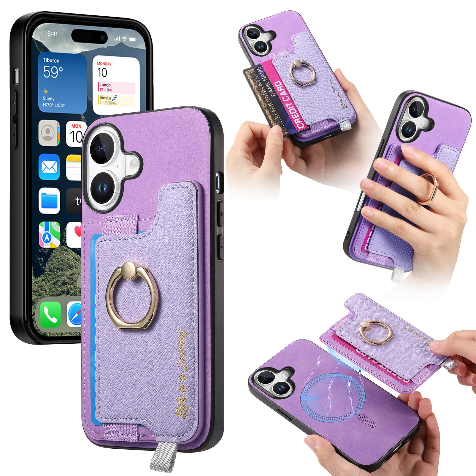 

B5 For iPhone 16 Case 2-in-1 Magnetic Detachable Card Holder Leather+TPU Phone Cover Purple
