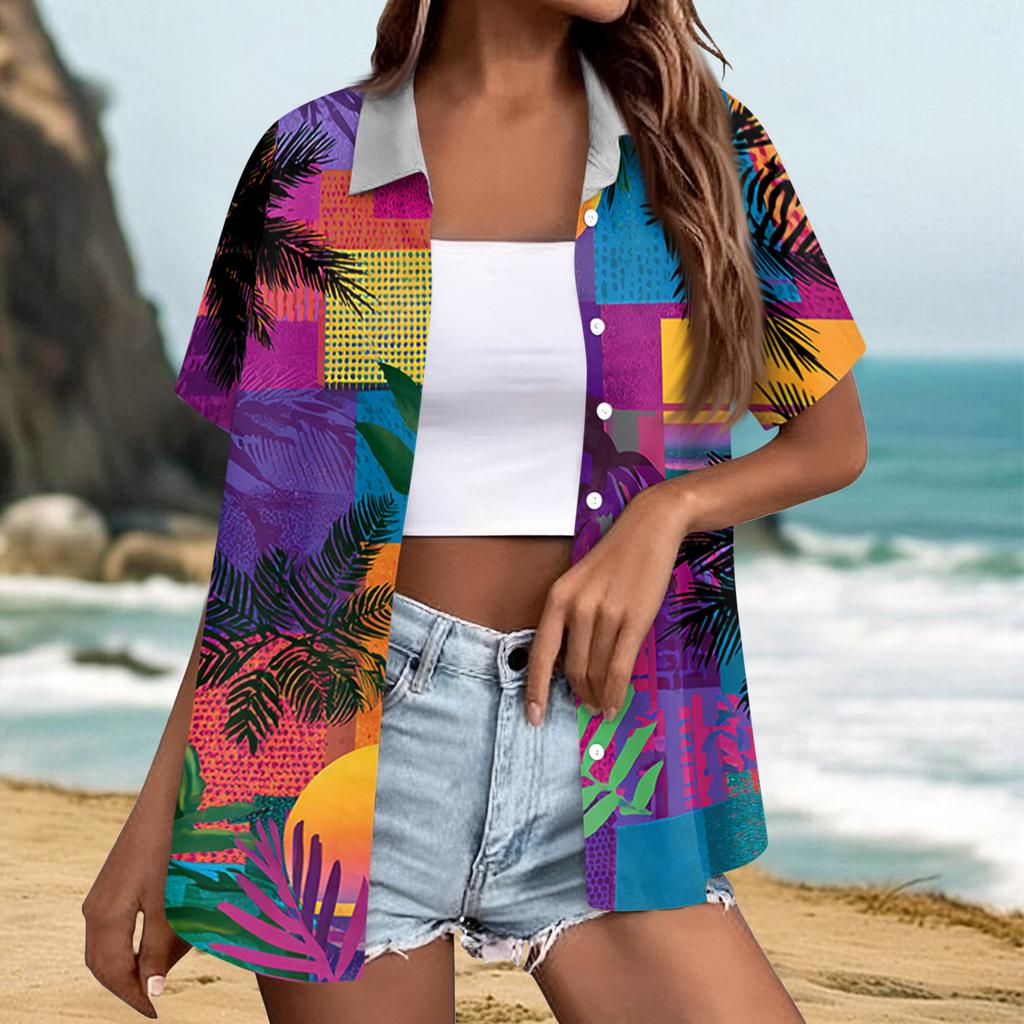 Women's fashionable casual Hawaiian print short-sleeved button-down collar shirt top