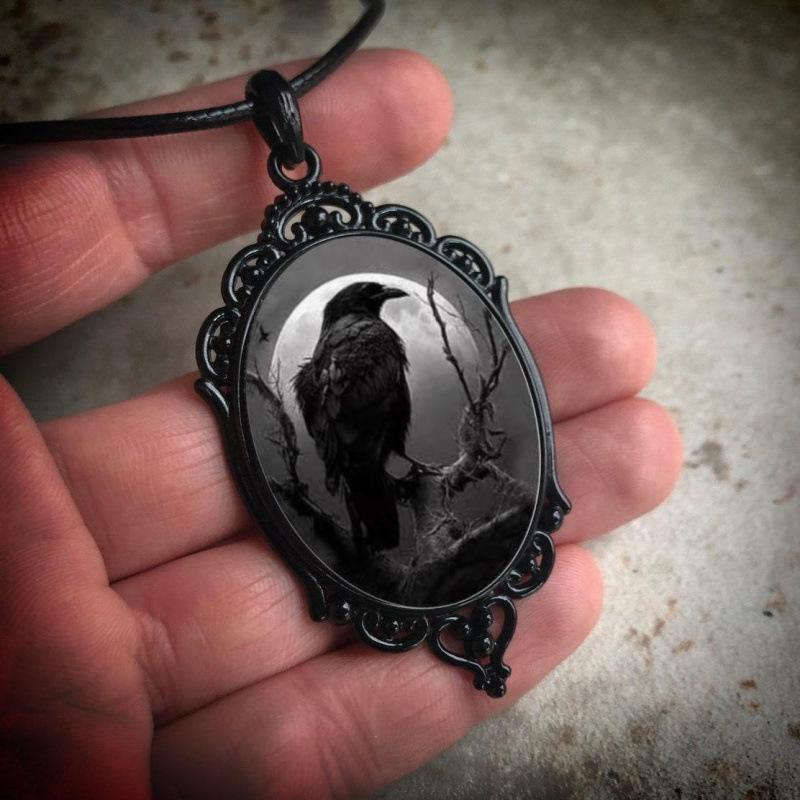 Gothic Raven Moon Glass Pendant Necklace - Trendy European American Jewelry