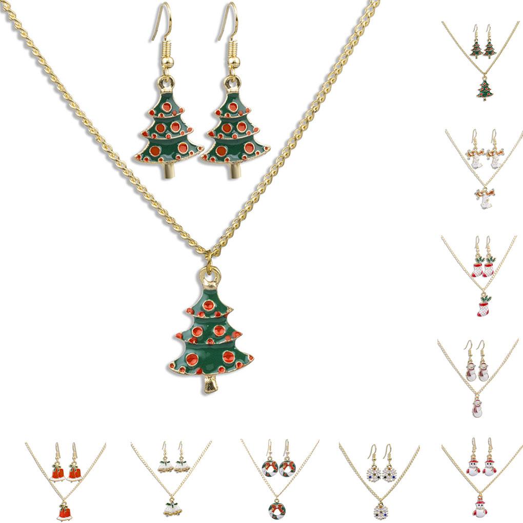 Women Girl Christmas Necklace Earring Set Alloy Plating Neck Chains Dangle Ear Loop Jewelry Gifts