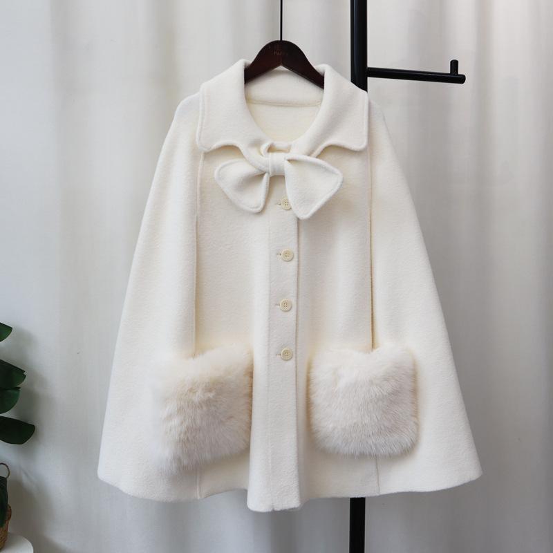 Bow knitted double-sided woolen coat cape autumn and winter new high-end sweater jacket women