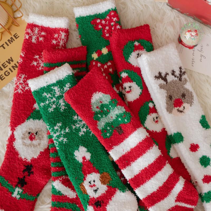 Women's Cute Reindeer & Snowman Coral Fleece Mid-Calf Socks - Thick, Lined for Autumn & Winter