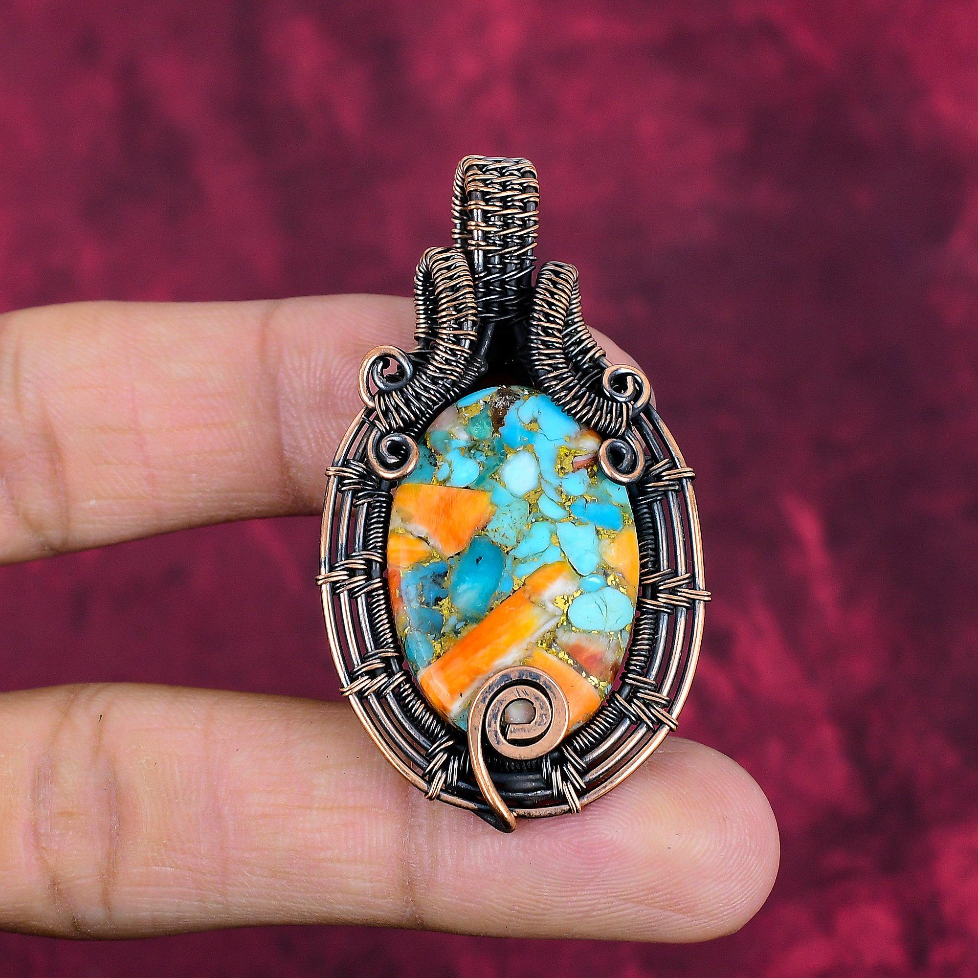 Spiny Oyster Copper Turquoise Pendant Copper Wire Wrapped Gemstone Jewelry