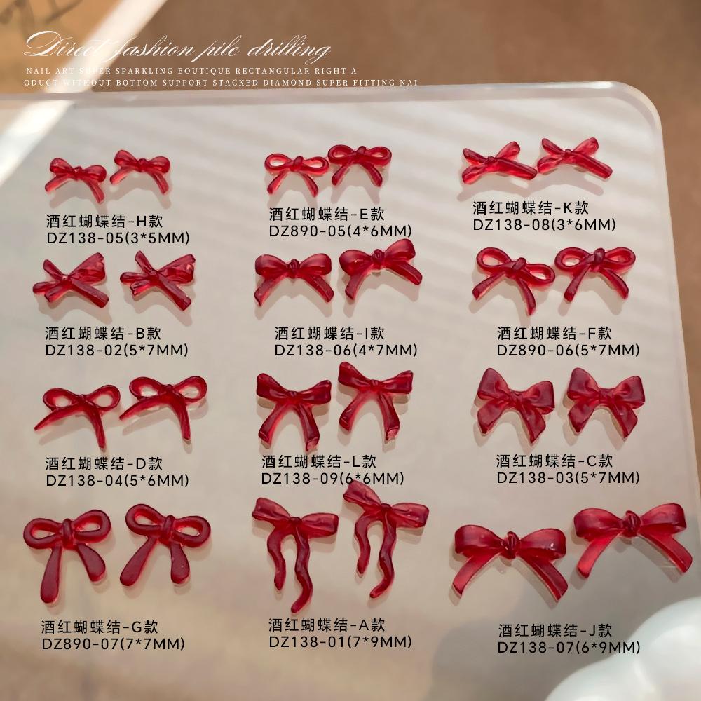 Wine Red Bow Nail Accessories Popular Online Items Solid Color Three-dimensional Hollow Tie Cartoon Resin