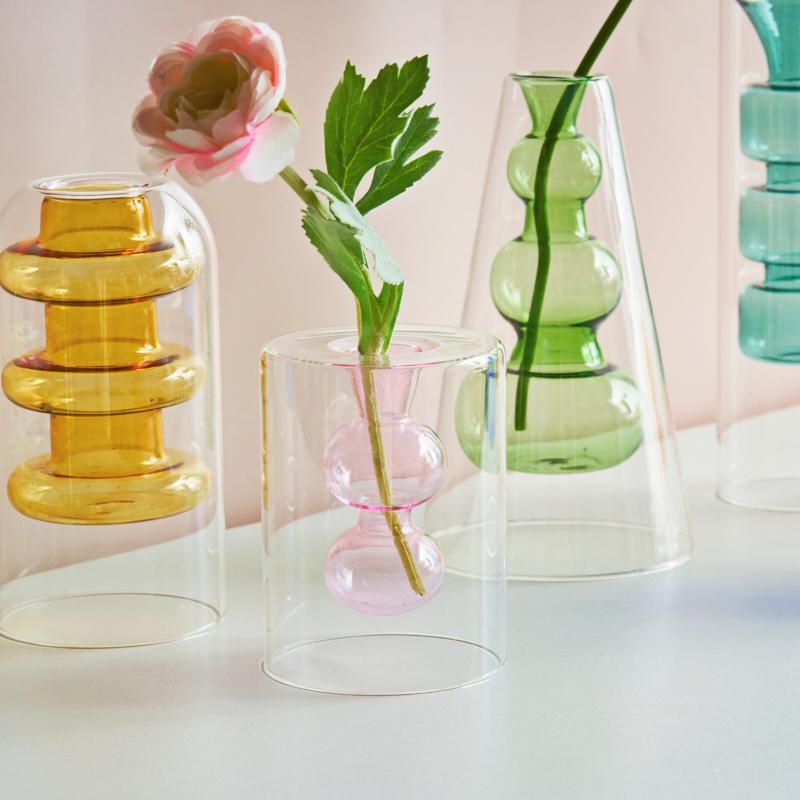 Nordische moderne doppelwandige Vase, kreative hydroponische transparente Glasvase, Wohnzimmer-Desktop-Dekor, personalisiertes Kunstornament