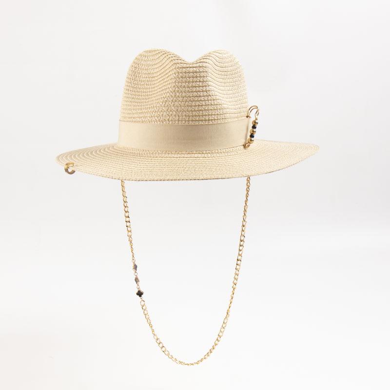 Sommer-Strohhut Fedora mit Metallschalen-Kettendesign, Europäischer Mode-Sonnenhut mit breiter Krempe für den Strandurlaub M 56-58cm