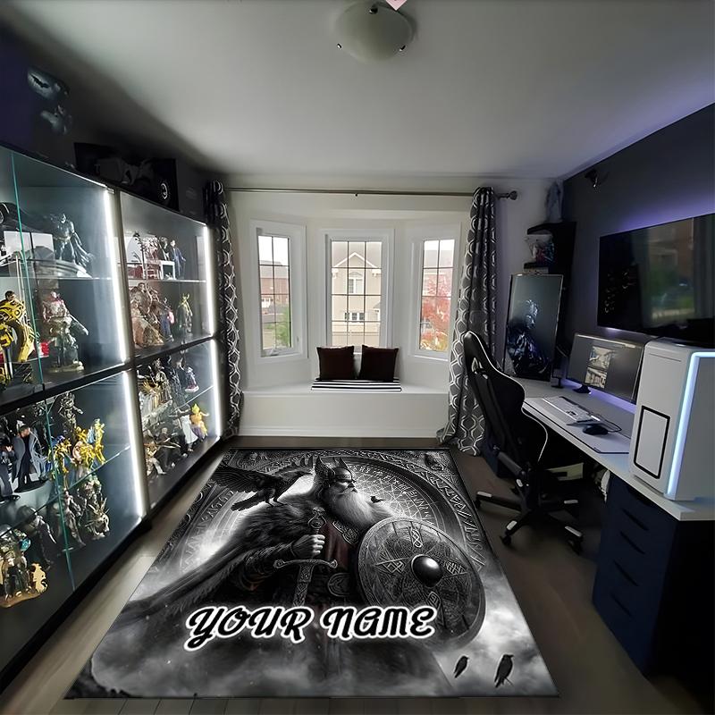 1PC Custom Name Warrior's Shield Theme Floor Mat Ideal for Living Room, Game Rooms, Office, Bedroom,Floor Mat Playful Design
