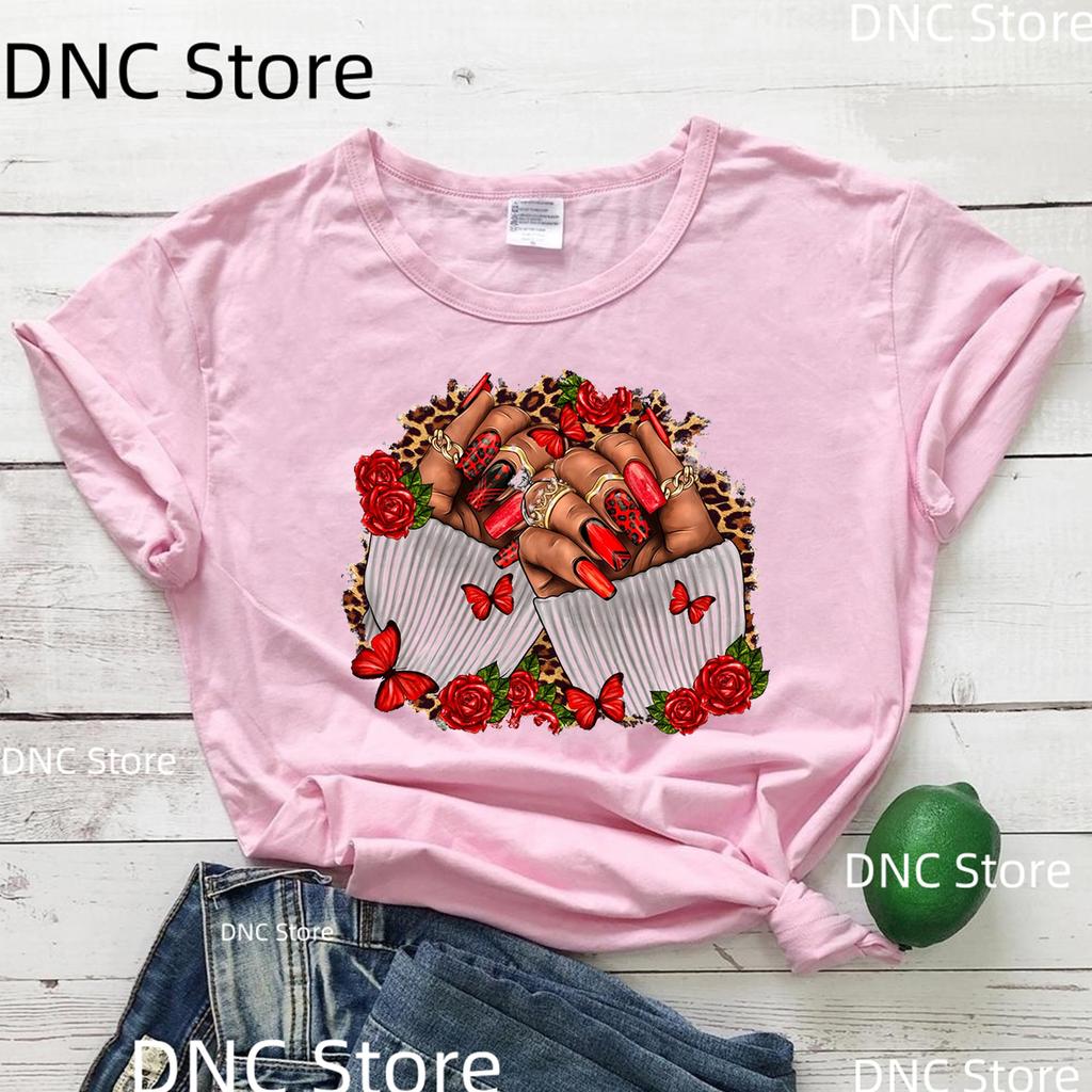 Black Girl Nail Art Pattern Printed T-Shirt Women Retro White Minimalist T-Shirt Summer Round Neck Casual Women'S Shirt Tops