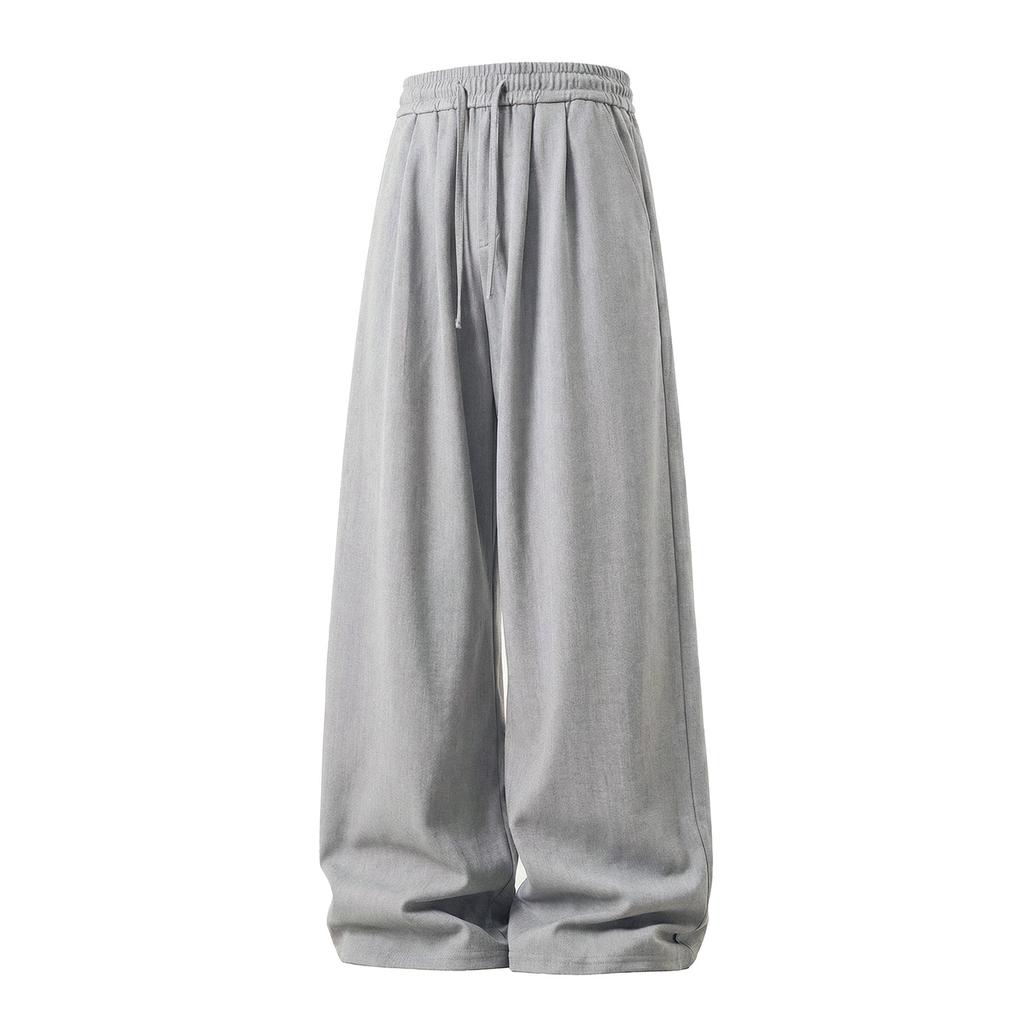 Mens Loose Draped Double Pleated Waist Straight Casual Long Trousers