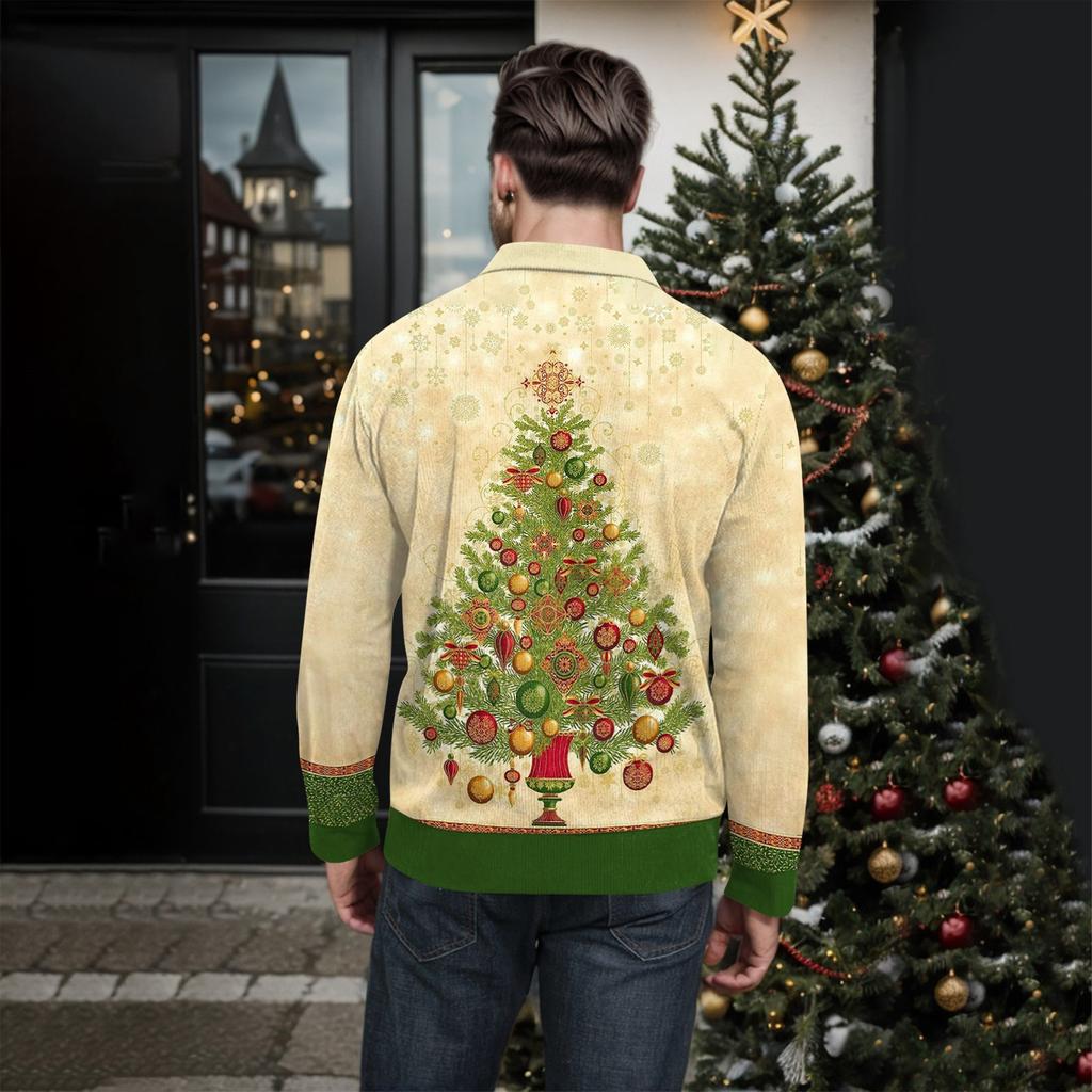 Men's Christmas Cotton Pullover Long Sleeve Outdoor Shirt Vintage Corduroy Button Stand Collar Shirt Casual Sweatshirt Christmas Print Top