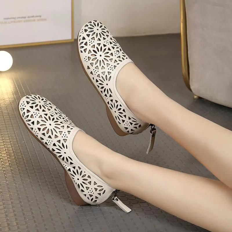 GKTINOO 2024 Summer Genuine Leather Hollow Shoes Woman Sandals Casual Sneakers Flat Soft Sole Comfortable Sandals Large Size