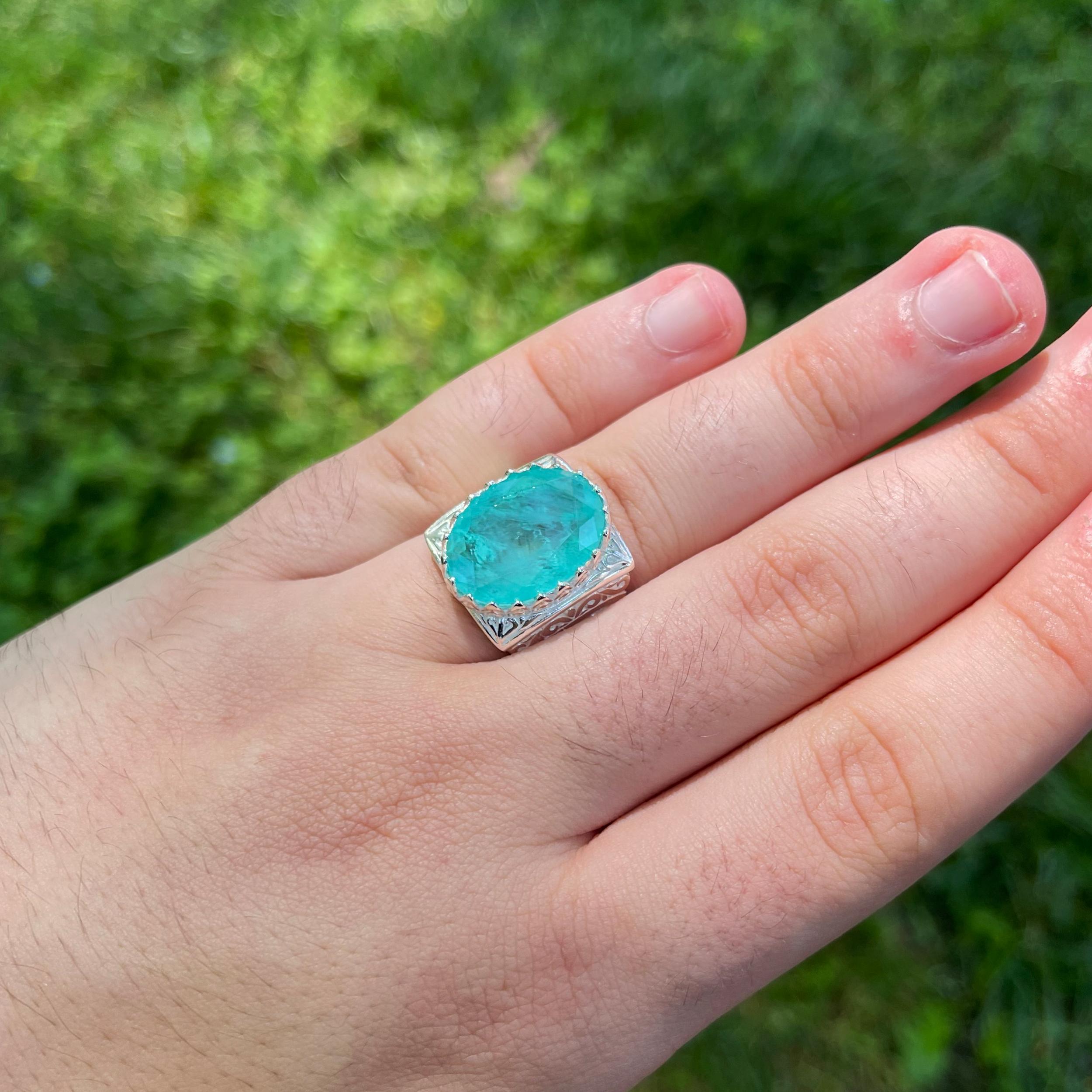 

Мужское кольцо из стерлингового серебра 925 карата с натуральным турмалином и овальным камнем параиба - ювелирные изделия турецкого мастера со сложными резными узорами 7 серебряный