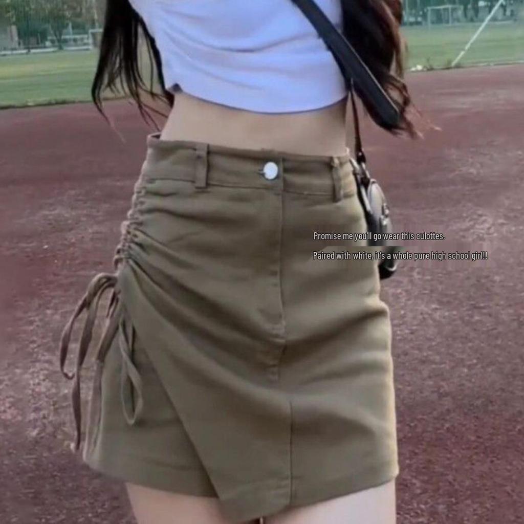 2025 Summer Khaki Women's Denim Drawstring Skirt Pants with Irregular Hem and Anti-Exposure Design