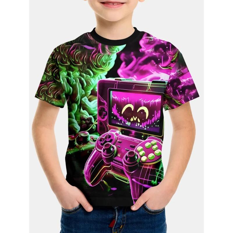 Söt tecknad djurmönster tryck Sommar Rund hals Barn Kortärmad T-shirt Bekväm Trendig Pojkars T-shirt