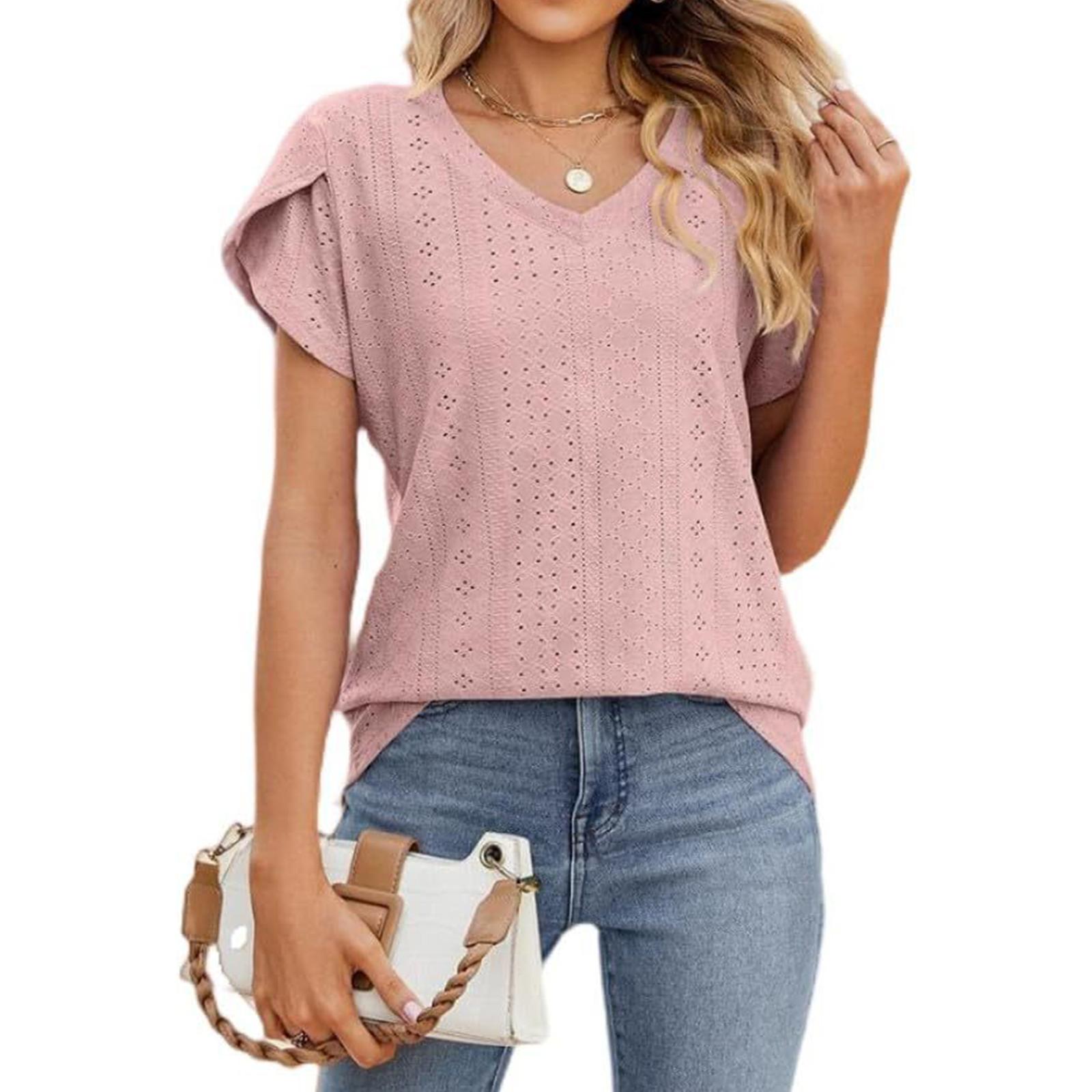 

Women s Casual Fashion V-neck Color Hollow Short-sleeved T-shirt Top S