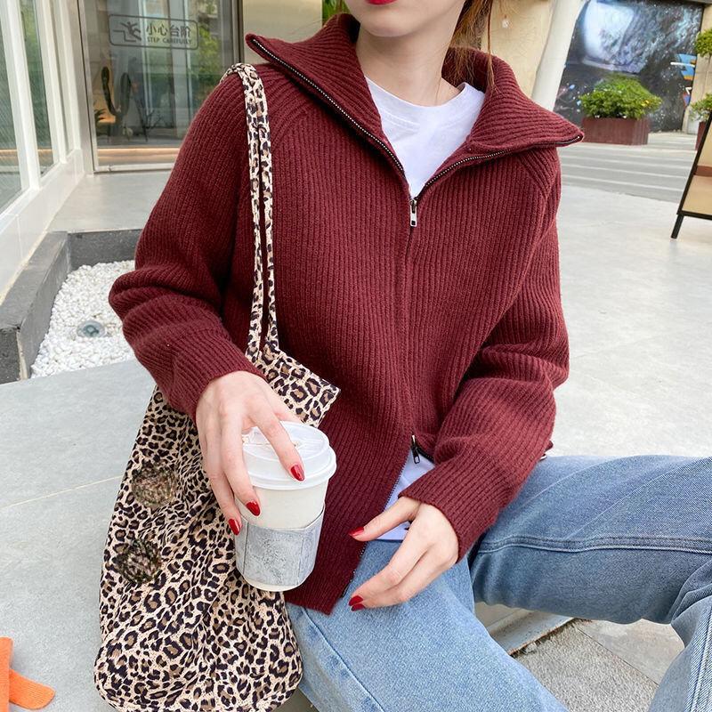 Sweater Cardigan Women Spring New Solid Vintage All-match Elegant Zipper Loose Daily Soft Sweet Simple Casual Knitwear Chic Teen