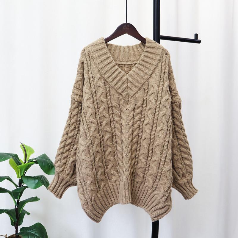 Thickened V-neck twist sweater pullover women's autumn and winter new loose soft waxy and thin knitted sweater top