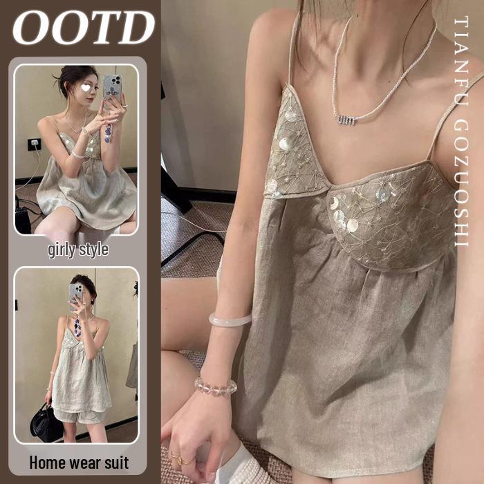 Корейский комплект пижамы-топа с пэчворком из пайеток: Женский летний жилет и шорты большого размера XL