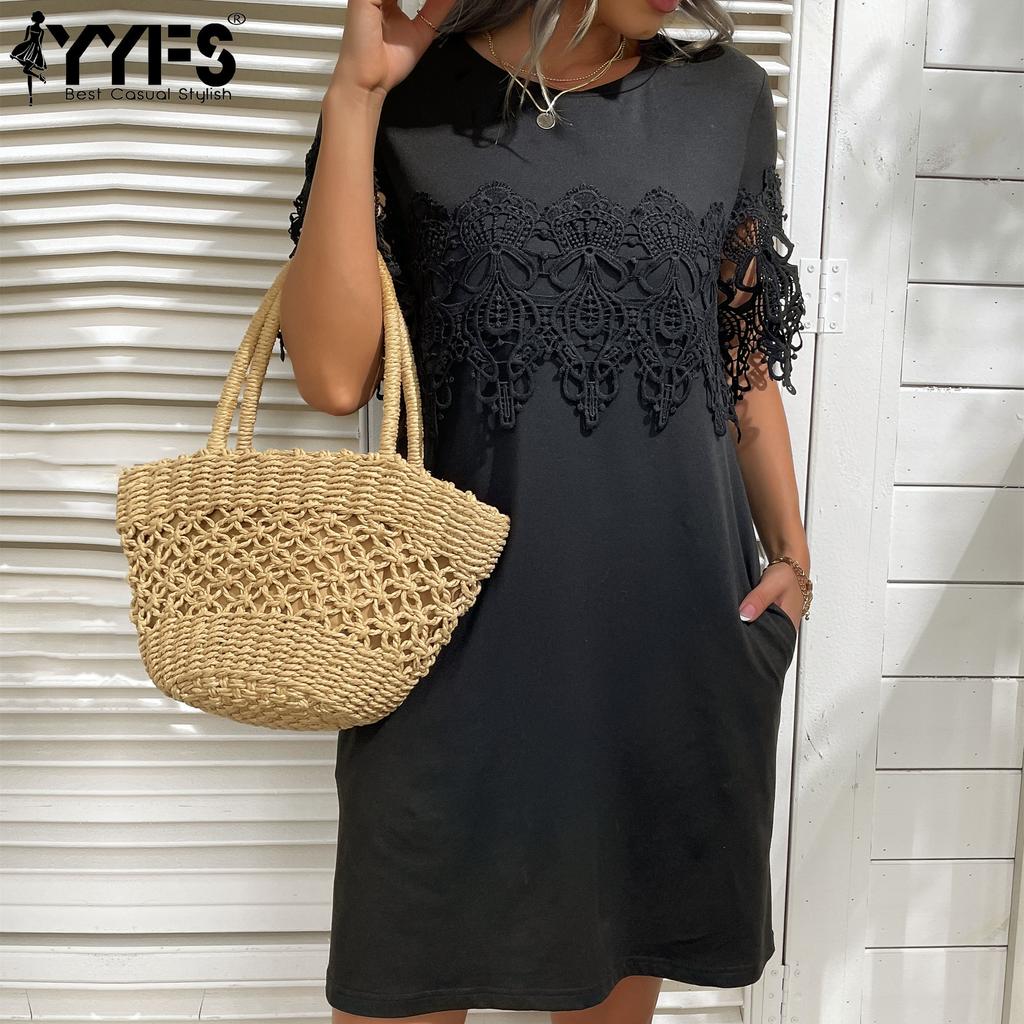 YYFS Women's Fashion Summer Spring Solid Color Print Lace Short Sleeve O-Neck Casual Dresses