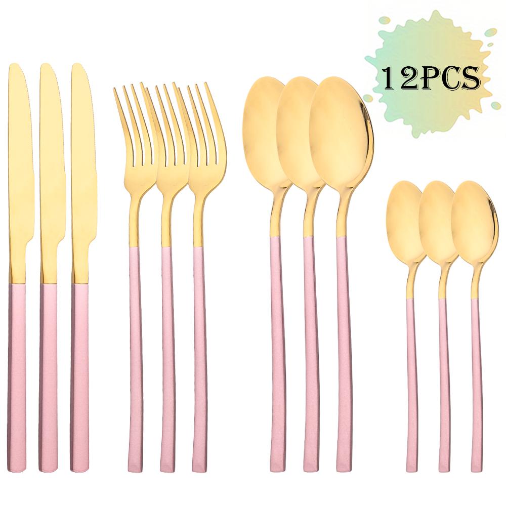 12Pcs Western Gold Dinnerware Stainless Steel Cutlery Set Knife Fork Tea Spoon Dinner Flatware Set Kitchen Silverware Tableware