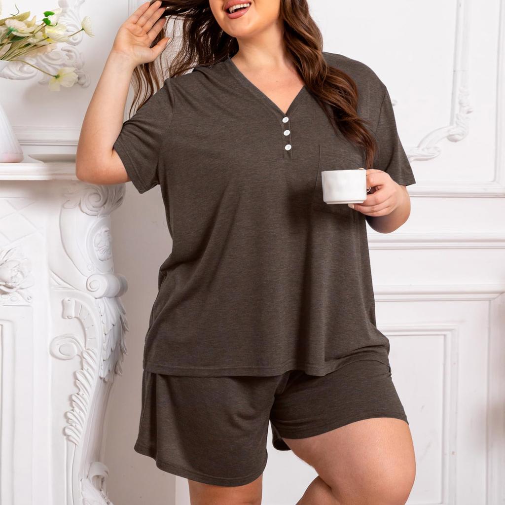 Plus Size Women's Two Piece Lounge Set Short Sleeve V Neck Top with Button Detail Elastic Waist Shorts Casual Sleepwear Set